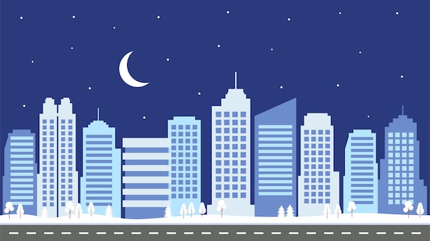Ilustración vectorial de la construcción de la ciudad nocturna Arquitectura urbana fondo papel tapiz de nieve en estilo plano
