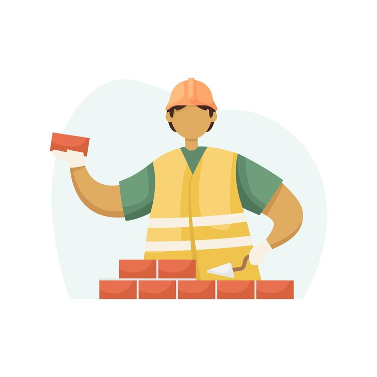 Vector ilustración vectorial de un constructor masculino en un casco que pone un estilo plano de ladrillo