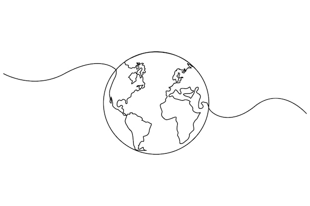 Ilustración vectorial continua del contorno del globo terrestre en línea para diseños minimalistas y modernos