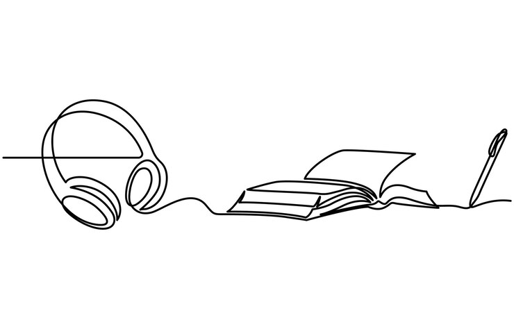 Vector ilustración vectorial continua de una línea de dibujo de auriculares, libros y bolígrafos