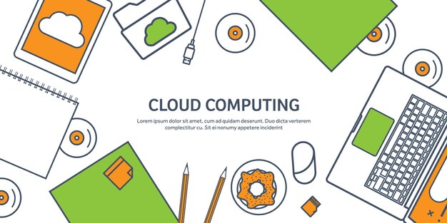 Ilustración vectorial de contorno alineada mesa de trabajo con documentos computadora computación en nube plana