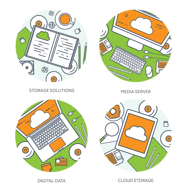 Ilustración vectorial de contorno alineada mesa de trabajo con documentos computadora computación en nube plana