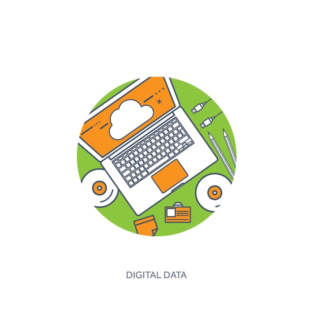 Ilustración vectorial de contorno alineada mesa de trabajo con documentos computadora computación en nube plana