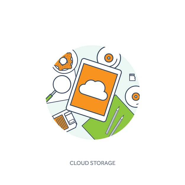 Ilustración vectorial de contorno alineada mesa de trabajo con documentos computadora computación en nube plana
