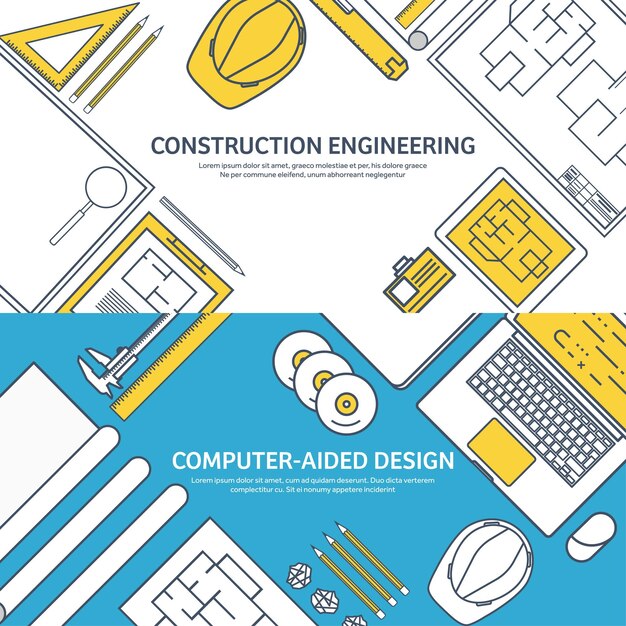 Vector ilustración vectorial de contorno alineado de ingeniería y arquitectura dibujo de software de portátil