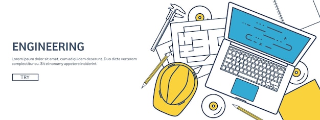 Ilustración vectorial de contorno alineado de ingeniería y arquitectura dibujo de software de portátil