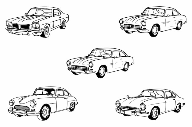 Ilustración vectorial del contorno del conjunto de automóviles clásicos en fondo blanco