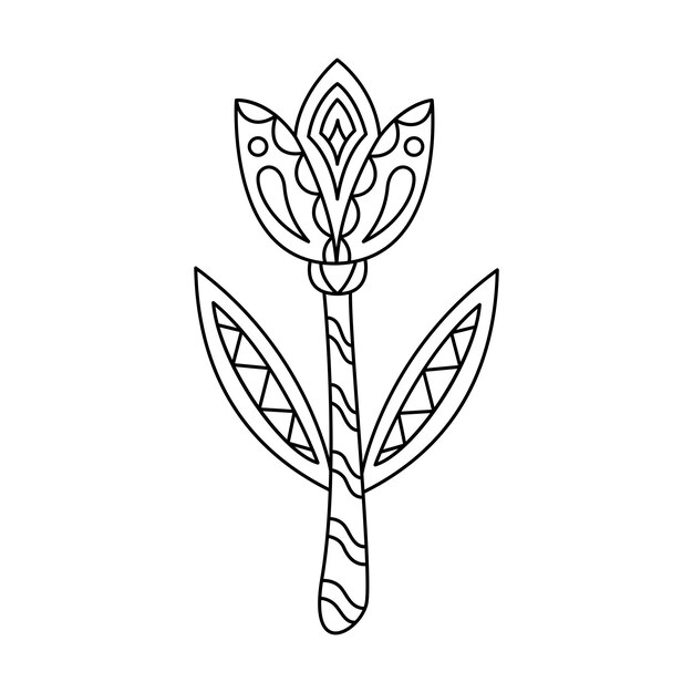 Ilustración vectorial de contorno de flor adornada en estilo simple Tulipa geométrica lineal aislada en blanco