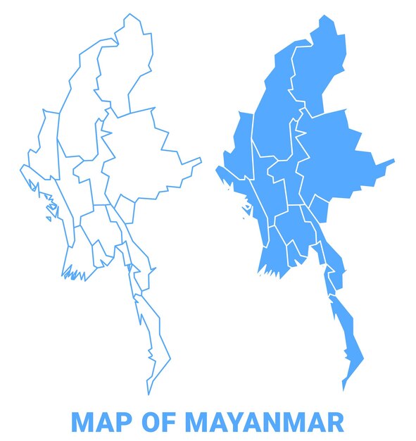 Ilustración vectorial del contorno fronterizo de las regiones planas del mapa azul de Mayanmar