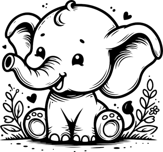 Vector ilustración vectorial de contorno negro de un bebé elefante lindo libro de colorear para niños