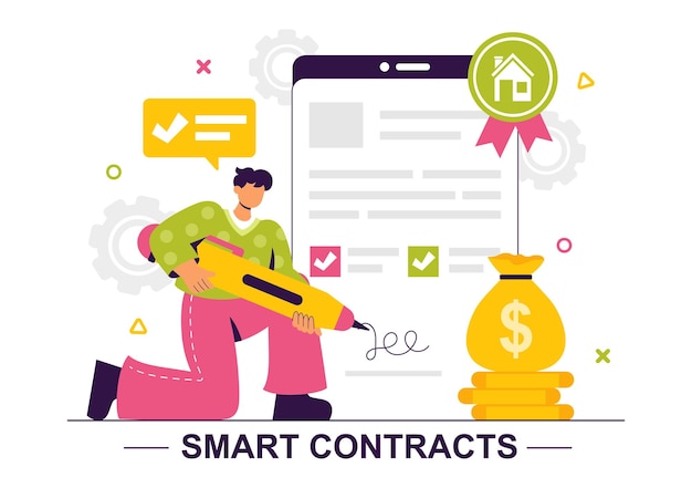Ilustración vectorial de contrato inteligente con un documento digital de contrato electrónico y un acuerdo de usuario en línea con una firma digital segura