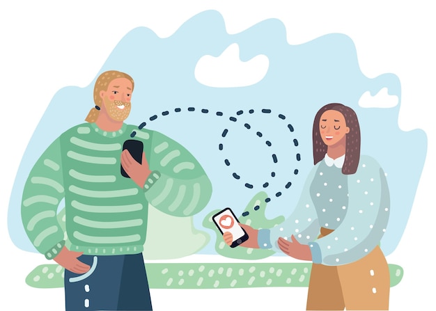 Ilustración vectorial de conversación telefónica entre un hombre y una mujer estilo plano