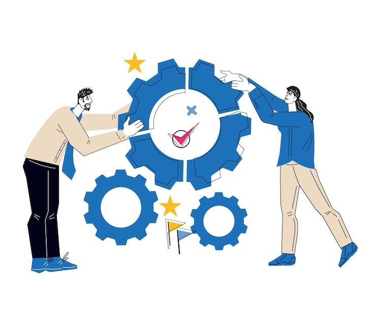 Vector ilustración vectorial de cooperación empresarial o establecimiento de trabajo en equipo