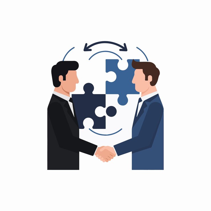 Vector ilustración vectorial de cooperación o acuerdo comercial con hombres de negocios estrechando la mano en un rompecabezas