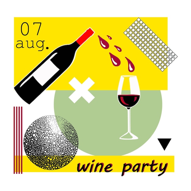 Vector ilustración vectorial de copa de botella de vino collage de arte plantilla de invitación para evento o fiesta adecuado para eventos de degustación o presentación de vino diseño artístico