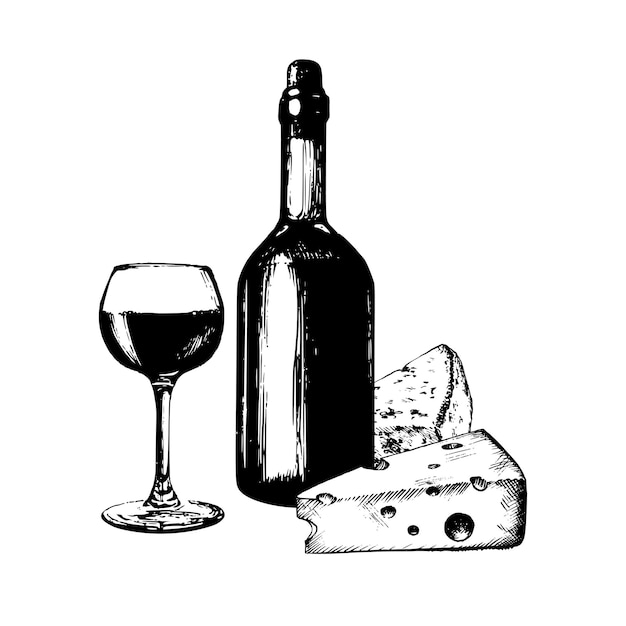 Ilustración vectorial de copa de botella de vino y queso Juego de comida y bebida bosquejado a mano del concepto de diseño de menú gourmet para cafetería bar restaurante, etc.