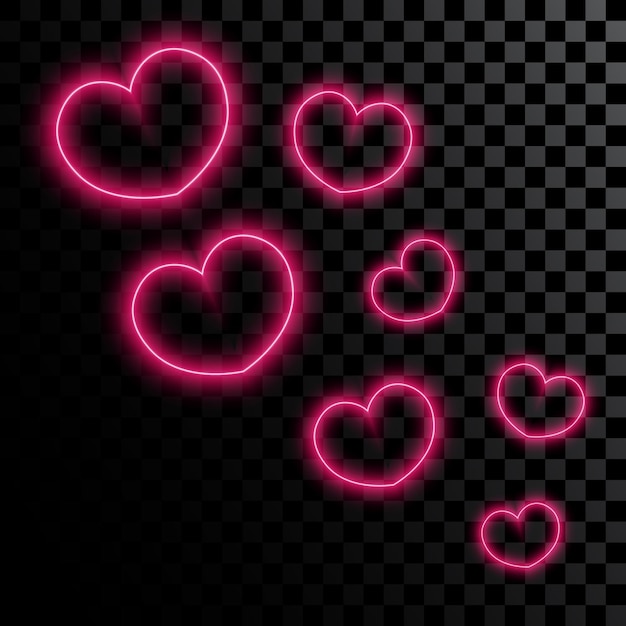 Ilustración vectorial de corazones de neón en un fondo transparente