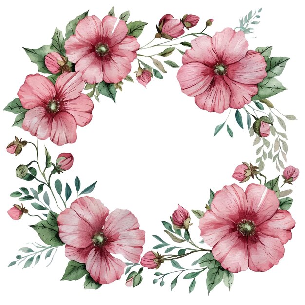 Ilustración vectorial de la corona de flores rosas en estilo acuarela