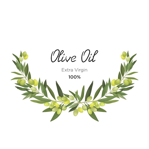 Ilustración vectorial de una corona de semicírculo de ramas de olivo y frutas en un estilo de dibujos animados Marco de oliva para envasado de aceite virgen y etiqueta y pancarta