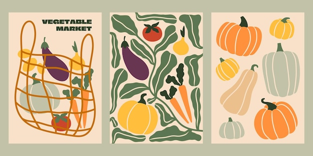 Ilustración vectorial de la cosecha de otoño Mercado de verduras de los agricultores de otoño Calabazas zanahorias berenjena patatas tomate cebolla clipart plano