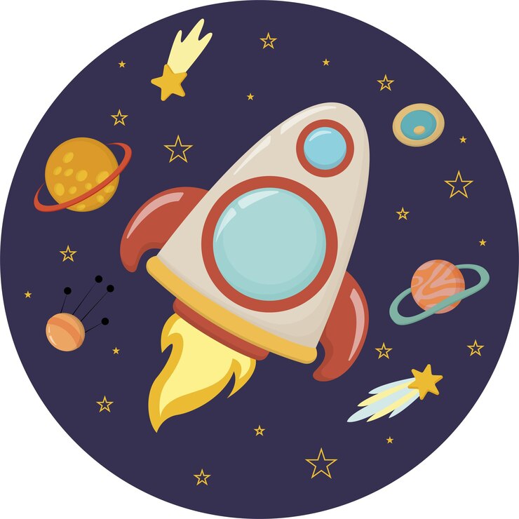 Ilustración vectorial cósmica, redonda, para niños. Cohetes y planetas en estilo plano.