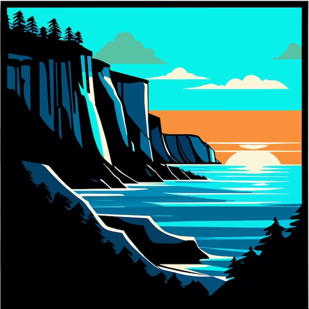 Ilustración vectorial de la costa con acantilados y rocas