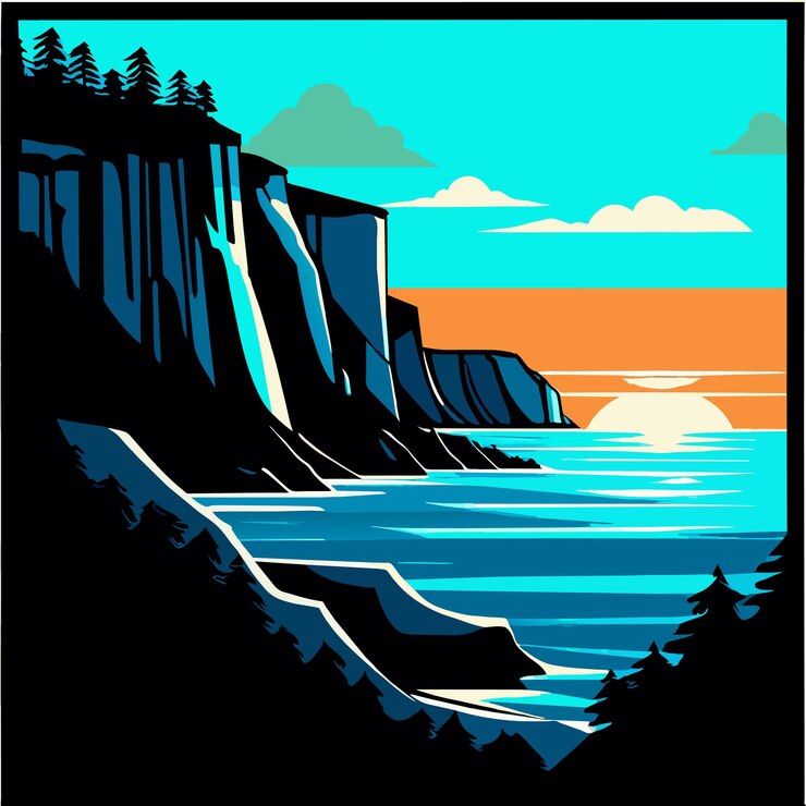 Vector ilustración vectorial de la costa con acantilados y rocas