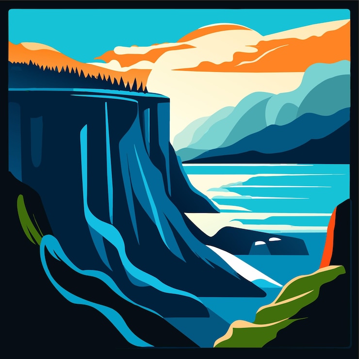 Vector ilustración vectorial de la costa con acantilados y rocas