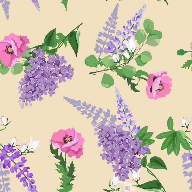 Ilustración vectorial sin costuras con amapola y campanula de lupino lila sobre un fondo beige para la decoración