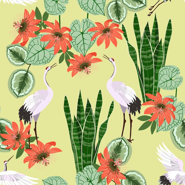 Ilustración vectorial sin costuras con colores de flor de la pasión y pájaros