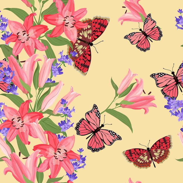Ilustración vectorial sin costuras con delicados lirios lavandas y mariposas para decorar textiles