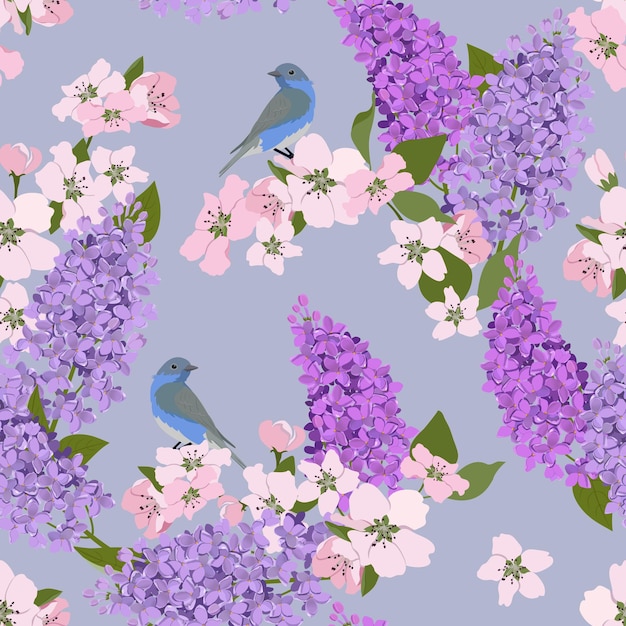 Ilustración vectorial sin costuras con flores de cerezo lilas en flor y pájaros