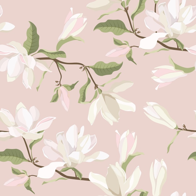 Ilustración vectorial sin costuras con flores de magnolia sobre un fondo beige