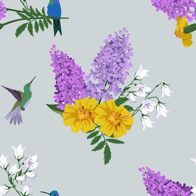 Ilustración vectorial sin costuras con lilas en flor, campanula, caléndula y colibríes