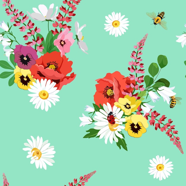 Ilustración vectorial sin costuras con lupinas de amapola, manzanillas, panquillas y abejas en un fondo turquesa