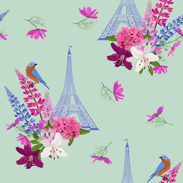 Ilustración vectorial sin costuras con lupino, lirio, rododendro, torre Eiffel y pájaros