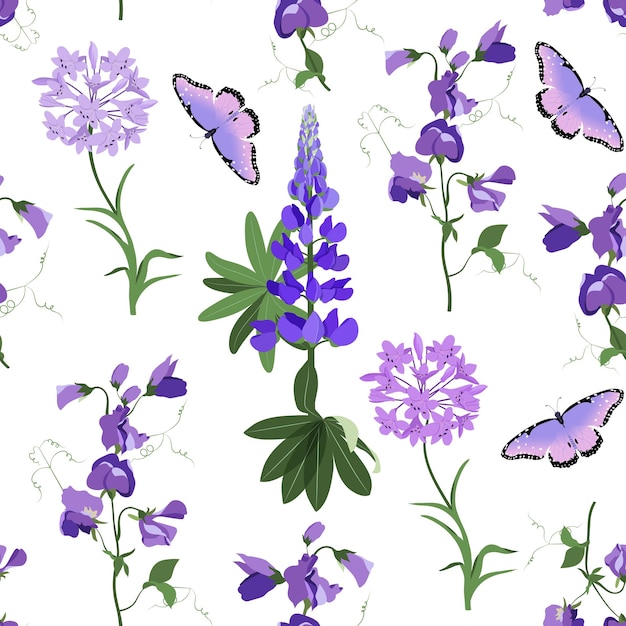 Ilustración vectorial sin costuras con lupinos, guisantes y mariposas
