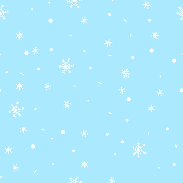 Ilustración vectorial sin costuras con nieve blanca y copos de nieve en un fondo de cielo azul