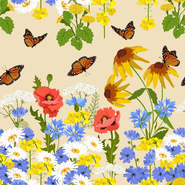 Ilustración vectorial sin costuras con plantas de prado de verano y mariposas