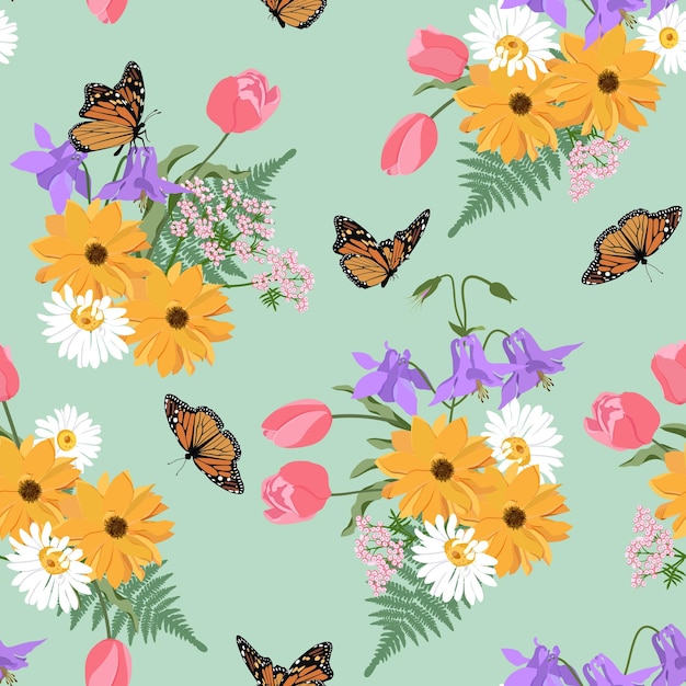 Ilustración vectorial sin costuras con ramo de dahlia tulipanes manzanilla y mariposas