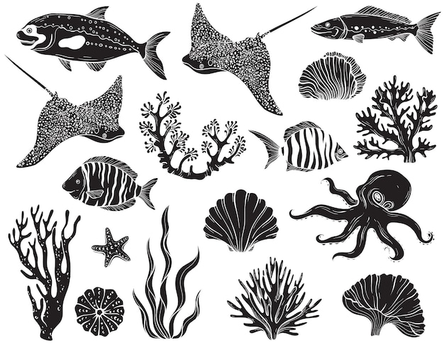 Una ilustración vectorial sin costuras con silueta de escena submarina con arrecifes de coral de peces tropicales