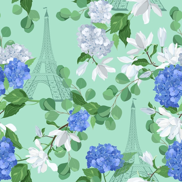 Ilustración vectorial sin costuras de una torre Eiffel estilizada con magnolia y con flores de hortensia