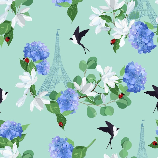 Ilustración vectorial sin costuras de una torre Eiffel estilizada con magnolia de hortensia y golondrinas
