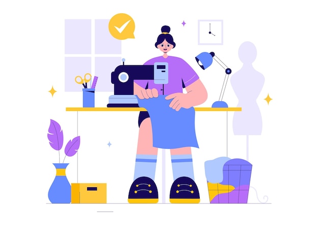 Ilustración vectorial de costurera con una diseñadora de moda cosiendo vestidos y creando trajes en una tienda de sastre con un fondo de estilo plano