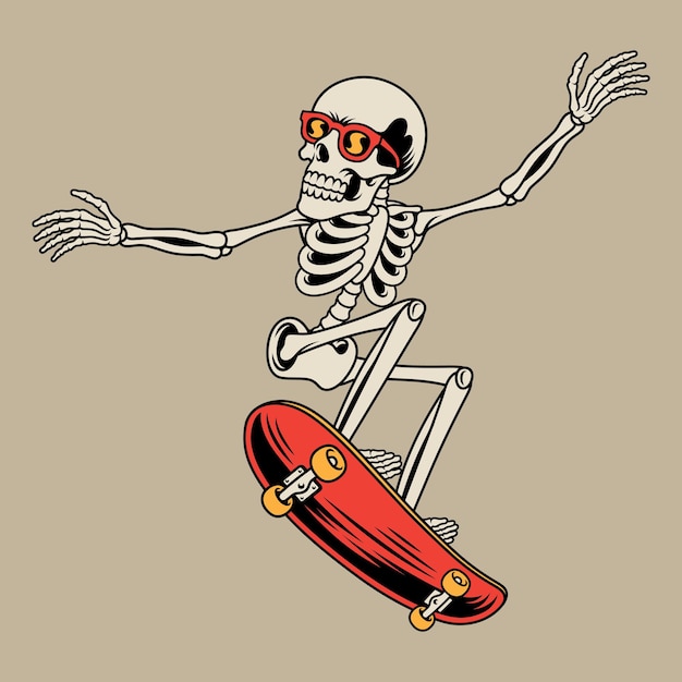 Ilustración vectorial cráneo andar en patineta