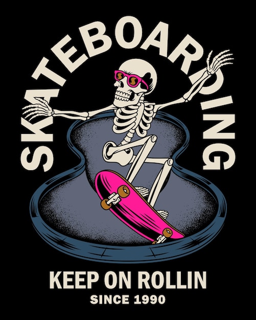 ilustración vectorial cráneo andar en patineta
