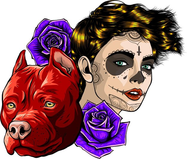 Ilustración vectorial de cráneo de azúcar con perro y rosa en fondo blanco dibujo digital