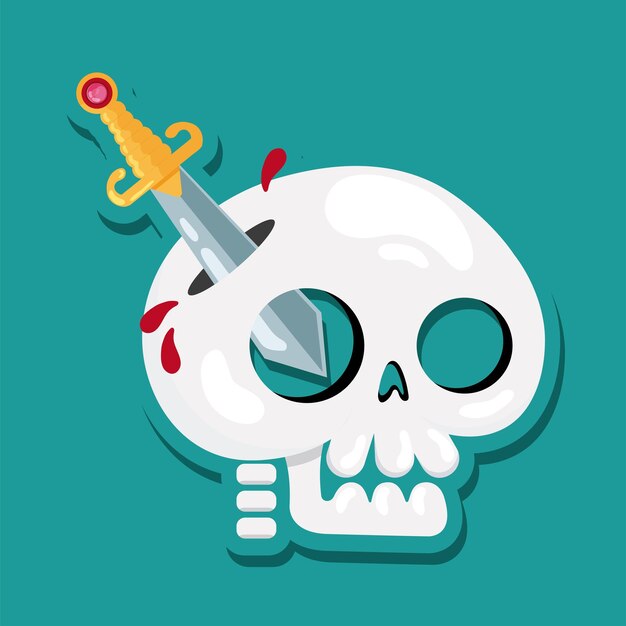 Ilustración vectorial de un cráneo bonito aislado con una espada