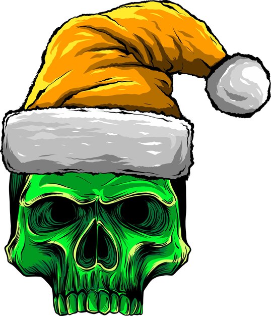 Ilustración vectorial de cráneo de dibujos animados con sombrero de Navidad con gradientes simples dibujo digital a mano