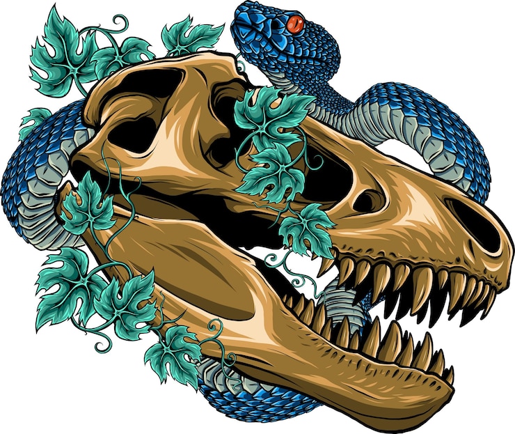 Vector ilustración vectorial del cráneo de dinosaurio con serpiente y hojas